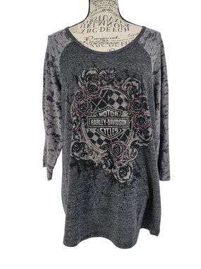 Harley-Davidson Rhinestone Roses Gray Burnout Lace Print Sleeve Top Est 1X